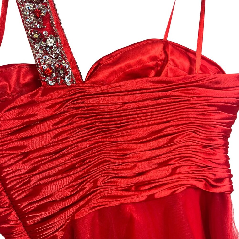 Red Satin & Tulle One-Shoulder Dress W/ Rhinestone Strap & Ruched Bodice Short S - Picture 11 of 12